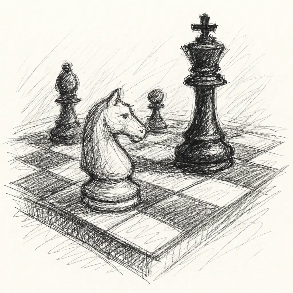 Pencil sketch of chess pieces on board representing abstract strategy games